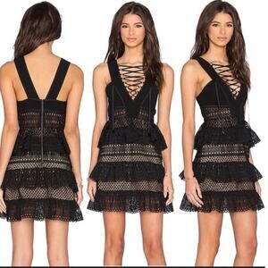 Self-Portrait Black Lace-Up Tiered Lace Organza Mini Dress